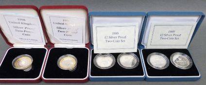 Two 1989 £2 silver proof double coin Bill of Rights sets,