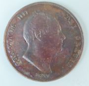William IV penny 1837 toned copper bare head, Britannia reverse,