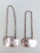 Two Georgian hallmarked silver Sherry bottle tickets, one London 1823 maker Charles Rawlings,