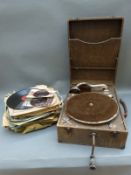 JPW Dalf c1930s wind up portable gramophone together with a quantity of 78rpm records including