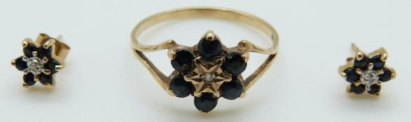 A 9ct gold ring set with a diamond and sapphires and similar earrings