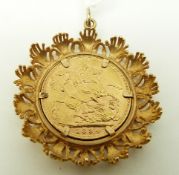 An 1894 gold full sovereign set into a 9ct gold pendant mount, 14.