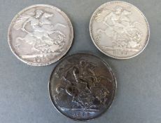 Three Jubilee head Victoria crowns, two for 1889 and one for 1892,