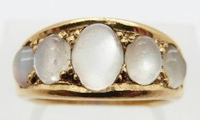 A Victorian ring set with five graduating moonstones, size K/L, 6.