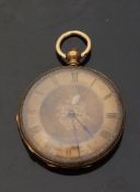 18ct gold open faced pocket watch with black hands, Roman numerals, engraved self coloured face,