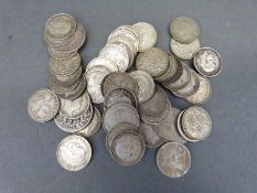 Fifty various silver 3d piece coins, Queen Victoria onwards,