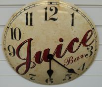 Newgate quartz advertising enamelled wall clock for 'Juice Bar' in distressed look finish,