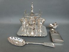 Collection of silver plate to include Walker & Hall egg cup stand, berry spoon,