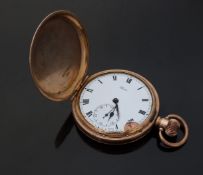 State gold plated keyless winding full hunter pocket watch with inset subsidiary seconds dial,