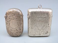 Two Victorian hallmarked silver vesta cases, one Birmingham 1892 maker T A & Co, 52mm tall, 29g,