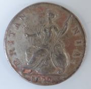 George III 1772 VF / EF first type halfpenny, ball below Britannia,