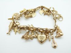 A 9ct gold charm bracelet set with twenty 9ct gold charms including fish, horseshoe, elephant,