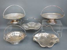 Five silver plated swing handled serving dishes or baskets including a circular Mappin & Webb