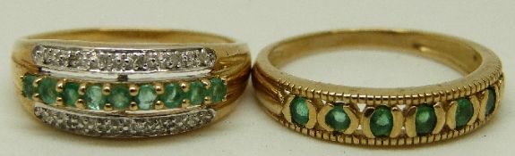 A 9ct gold ring set with emeralds and diamonds and a 9ct gold ring set with emeralds, both size P,
