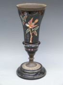 A Victorian metal / toleware pedestal torchere or vase with enamelled bird decoration,
