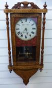 19thC American wall clock with highly decorated inlaid case resembling Tunbridge-style,