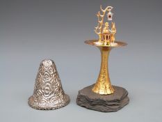 Hallmarked silver and silver gilt novelty surprise Christmas mushroom opening to reveal a Christmas