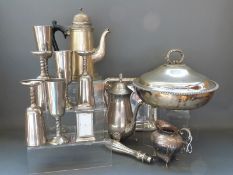 A collection of silver plated items including two pairs of 19thC plated candlesticks,
