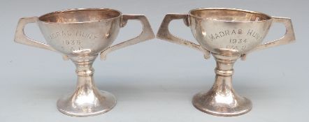 Two Indian white metal trophy cups with inscriptions Madras Hunt F.A.B.