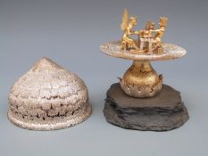 Hallmarked silver and silver gilt novelty surprise Christmas mushroom opening to reveal two figures