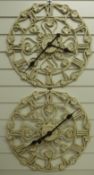 Two large faux wrought iron resin Roman dialled garden / patio clocks with 50cm dials