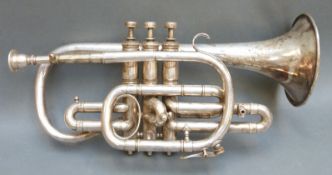 Hawkes silver plated cornet, inscribed 'The Clippertone Excelsior Sonorous Class A, Hawkes & Son,