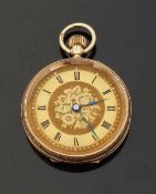 9ct gold keyless winding open faced pocket watch with blued hands, Roman numerals,