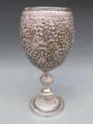 Kutch Indian white metal goblet with embossed decoration, marked M R BHUJ for Rayavaji Maurji,