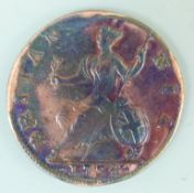George II 1734 halfpenny young cuirassed bust, ball under Britannia's spearhead reverse ,