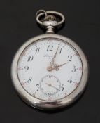 Longines keyless winding open faced pocket watch with inset subsidiary seconds dial, gold hands,