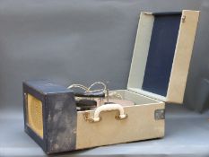 HMV 1950s portable record player with Bakelite arm and turntable