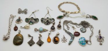 Twelve silver pendants including opal, agate, silver earrings, two silver bracelets,