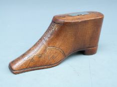 An 18th / 19thC carved mahogany / fruitwood treen snuff box in the form of a shoe with inlaid metal