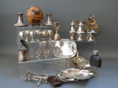 A quantity of silver plated items including sugar scuttle, candlesticks,