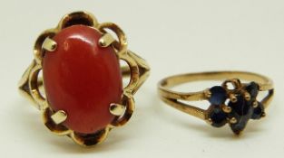 A French 18ct gold ring set with coral, 3.7g, and a 9ct gold ring set with sapphires, 1.