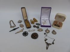 Two Victorian silver brooches, silver locket, two silver fobs, marcasite necklace,