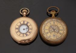 Two gold plated keyless winding pocket watches comprising an Elgin half hunter with inset