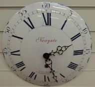 Newgate quartz enamel caseless wall clock with white dial, Roman numerals and Arabic minutes,