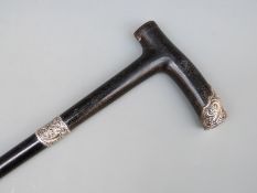 Victorian hallmarked silver mounted ebony walking cane, Birmingham 1900, maker's mark J Y & Co,