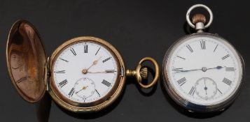 Two keyless winding pocket watches comprising a hallmarked silver open faced example with inset