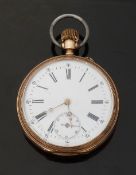 Billodes yellow metal keyless winding open faced pocket watch with inset subsidiary seconds dial,