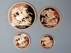 1996 cased proof gold sovereign four coin collection, comprising half, full,