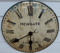 A caseless 'Newgate of London' enamelled dial wall clock with Roman numerals and distressed look