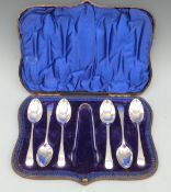 Five hallmarked silver spoons and nips in original case, 132g,