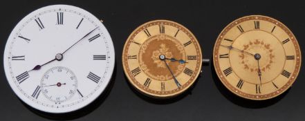 Three pocket watch movements including faces and hands, largest diameter 43.5mm.