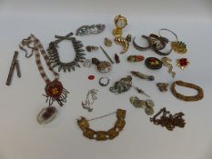 A white metal Mexico hair clip, lacquer brooch, beaded necklace, Victorian locket,