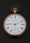 American Watch Company Waltham gold plated keyless winding open faced pocket watch with inset