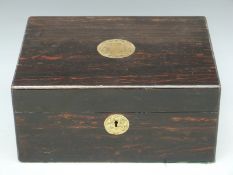 A 19thC coromandel wood workbox with brass inlaid decoration and mirror to interior of lid,