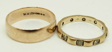 A 9ct gold wedding band, size N, 2.2g, and a 9ct gold band set with paste, size P, 2.