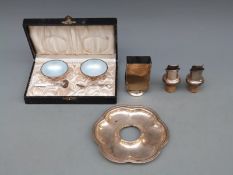 Cased pair of Danish white metal and enamel open salts and spoons, diameter 5cm,